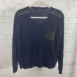 The Kooples Merino Wool Navy V Neck Sweater Womens Size L Leather Details